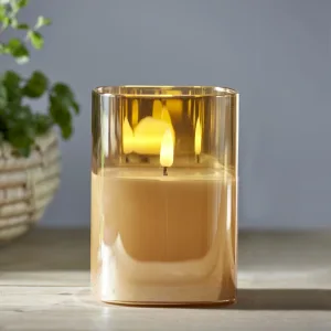 Świeca LED szklana woskowa FLAMME GLASS Bursztynowa 12,5cm na baterie