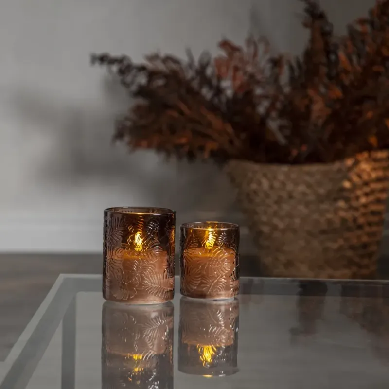 Świeca LED szklana woskowa FLAMME LEAF Brązowa 10cm na baterie — zdjęcie 3