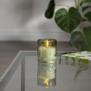 Świeca LED szklana woskowa FLAMME LEAF Zielona 10cm na baterie
