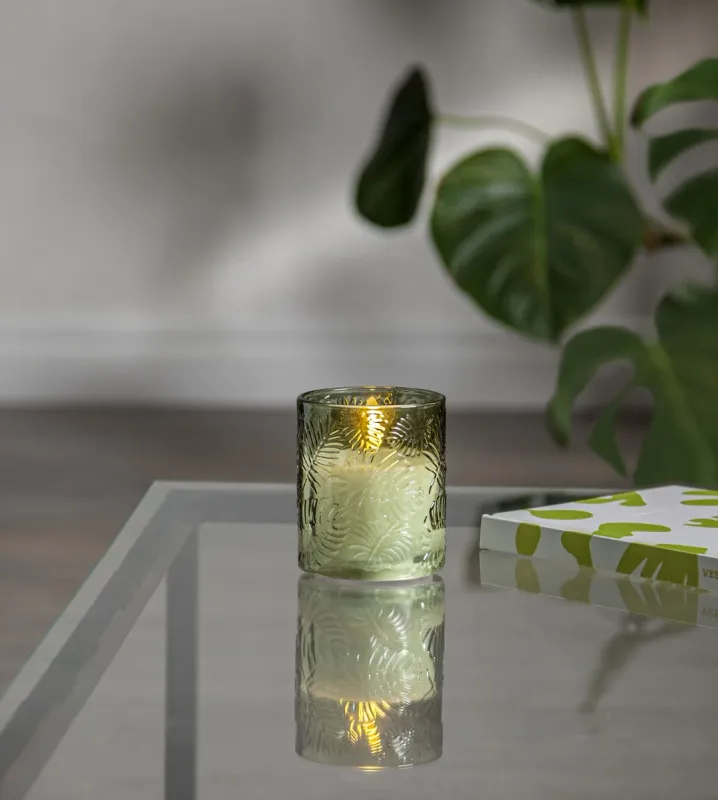 Świeca LED szklana woskowa FLAMME LEAF Zielona 10cm na baterie — zdjęcie 8