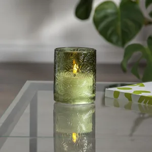 Świeca LED szklana woskowa FLAMME LEAF Zielona 12,5cm na baterie