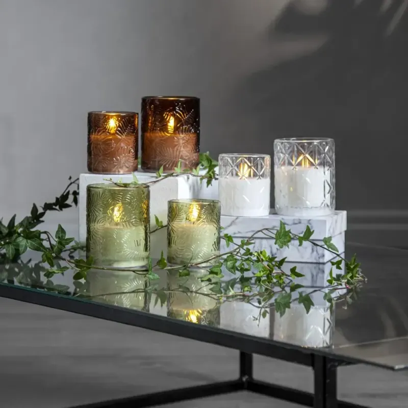 Świeca LED szklana woskowa FLAMME LEAF Zielona 12,5cm na baterie — zdjęcie 5