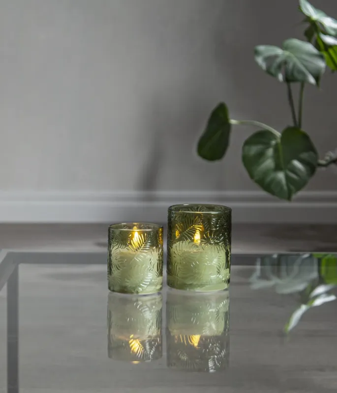 Świeca LED szklana woskowa FLAMME LEAF Zielona 12,5cm na baterie — zdjęcie 6