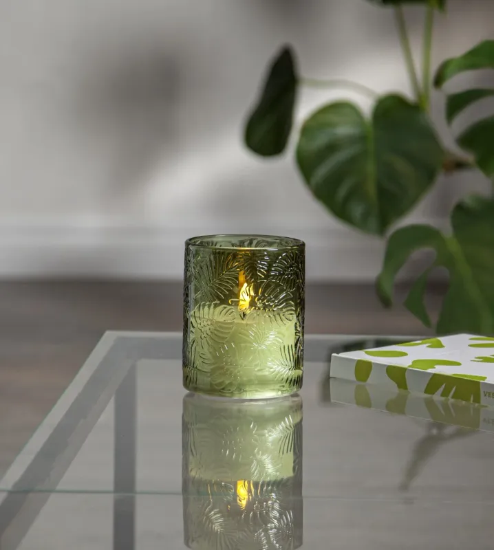 Świeca LED szklana woskowa FLAMME LEAF Zielona 12,5cm na baterie — zdjęcie 8
