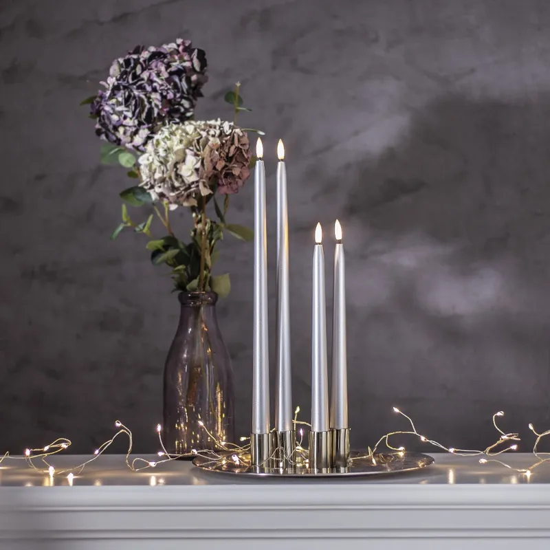 Zestaw 2x świeca LED obiadowa FLAMME METAL Srebrna 28cm na baterie — zdjęcie 3