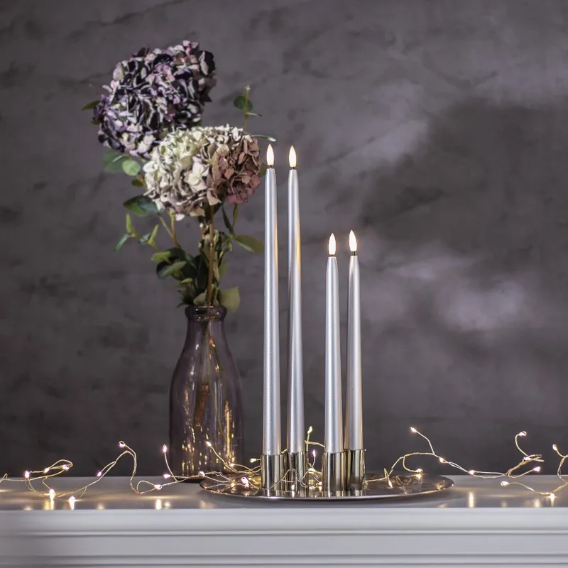 Zestaw 2x świeca LED obiadowa FLAMME METAL Srebrna 39cm na baterie — zdjęcie 4
