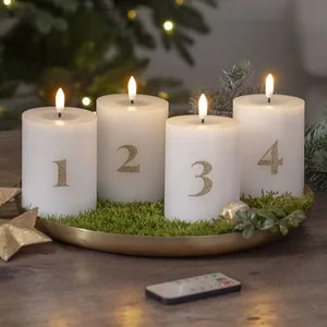 Zestaw 4x świeca woskowa LED filarowa FLAMME ADVENT 12,5cm z pilotem na baterie