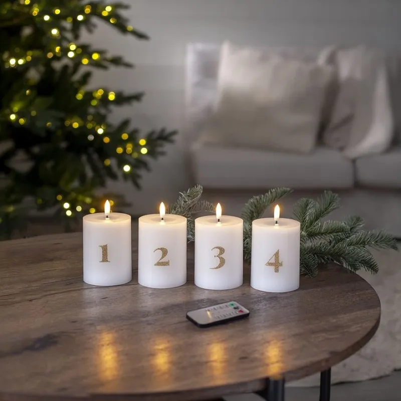 Zestaw 4x świeca woskowa LED filarowa FLAMME ADVENT 12,5cm z pilotem na baterie — zdjęcie 6
