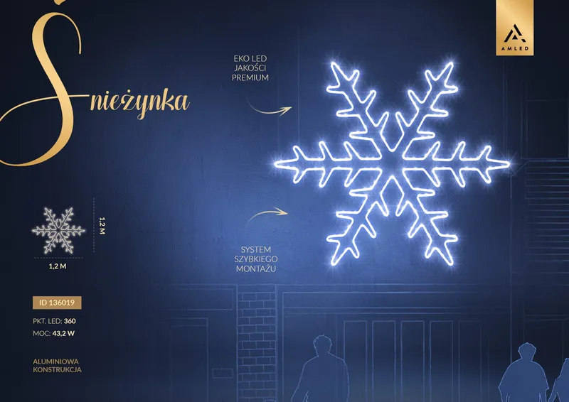 Iluminacja dekoracja elewacyjna LED Śnieżynka 2D 120 cm AM-136019 — zdjęcie 2