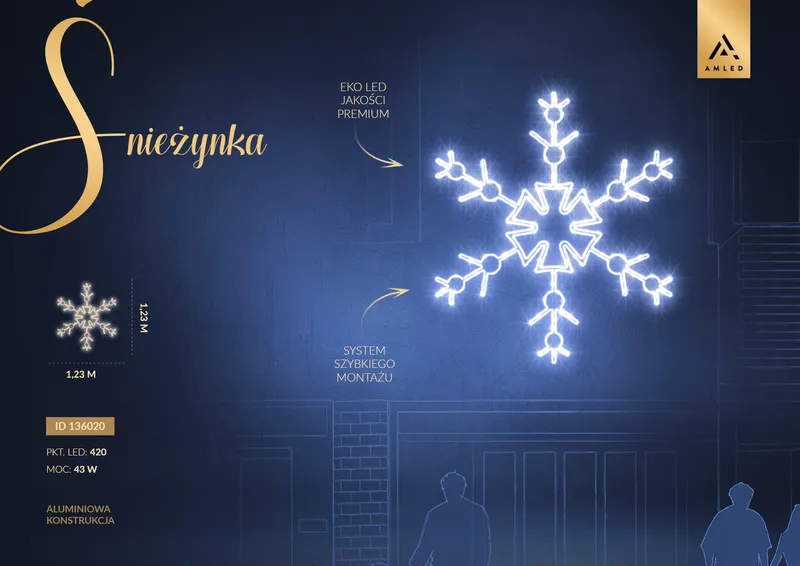 Iluminacja dekoracja elewacyjna LED Śnieżynka 2D 123 cm AM-136020 — zdjęcie 2