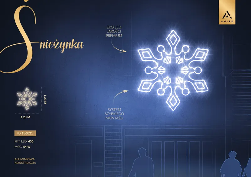 Iluminacja dekoracja elewacyjna LED Śnieżynka 2D 123 cm AM-136021 — zdjęcie 2