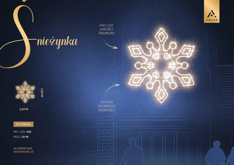 Iluminacja dekoracja elewacyjna LED Śnieżynka 2D 123 cm AM-136046 — zdjęcie 2