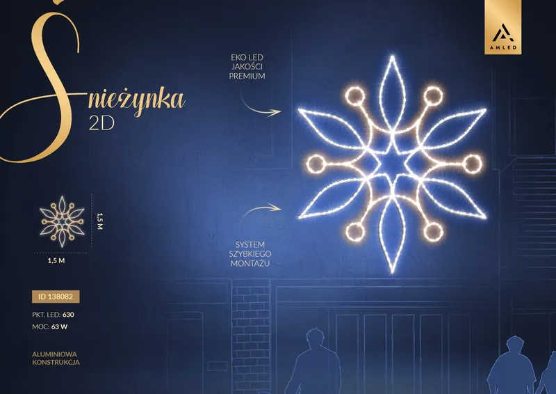 Iluminacja dekoracja elewacyjna LED Śnieżynka 2D 150 cm AM-138082 — zdjęcie 2
