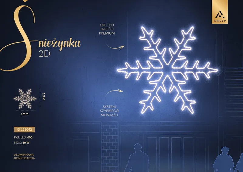 Iluminacja dekoracja elewacyjna LED Śnieżynka 2D 190 cm AM-138042 — zdjęcie 2