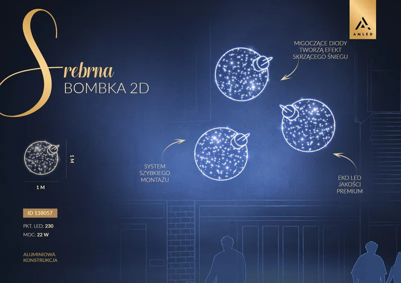 Iluminacja dekoracja elewacyjna LED Srebrna Bombka 2D 100 cm AM-138057 — zdjęcie 2