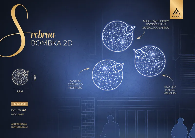 Iluminacja dekoracja elewacyjna LED Srebrna Bombka 2D 120 cm AM-138058 — zdjęcie 2