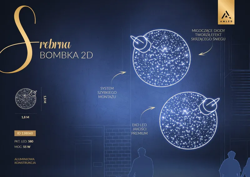 Iluminacja dekoracja elewacyjna LED Srebrna Bombka 2D 180 cm AM-138060 — zdjęcie 2