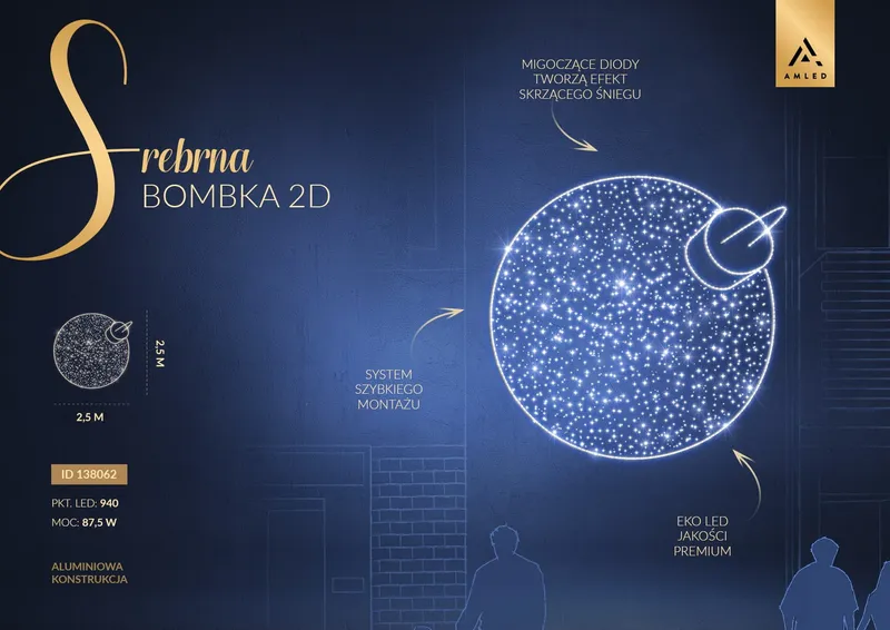 Iluminacja dekoracja elewacyjna LED Srebrna Bombka 2D 250 cm AM-138062 — zdjęcie 2
