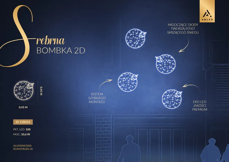 Iluminacja dekoracja elewacyjna LED Srebrna Bombka 2D 45 cm AM-138056 — zdjęcie 2