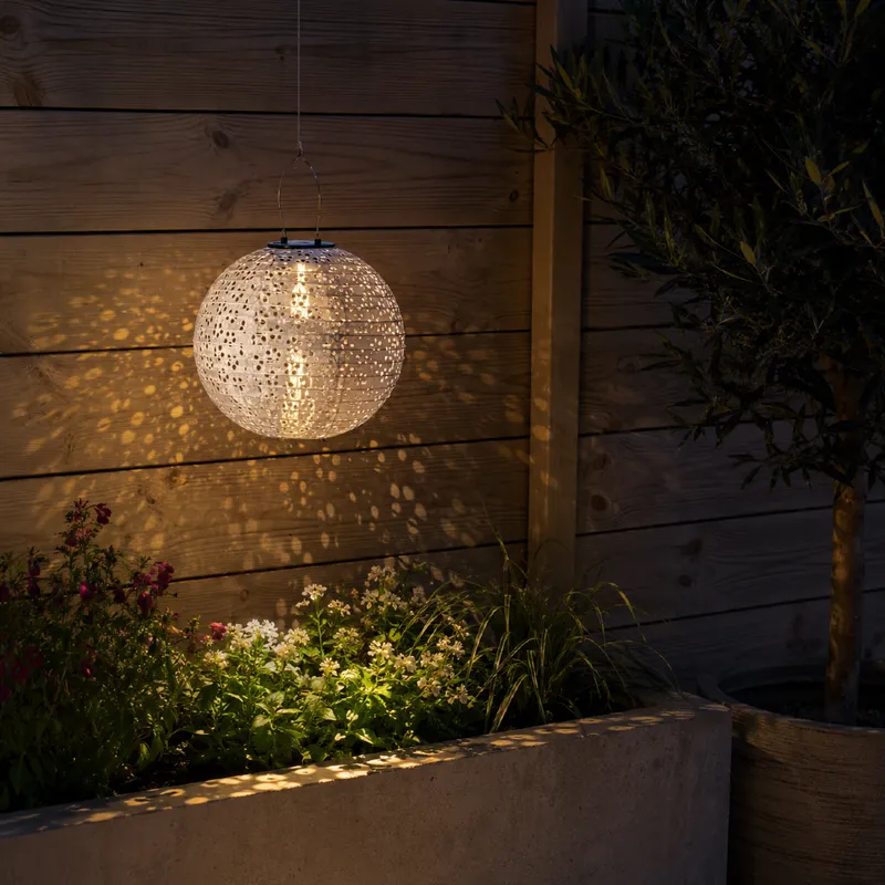 Lampion solarny ogrodowy LED wiszący FESTA beżowy — zdjęcie 3
