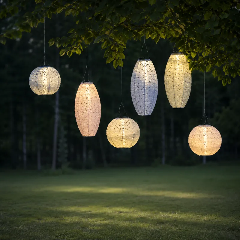 Lampion solarny ogrodowy LED wiszący FESTA beżowy — zdjęcie 6